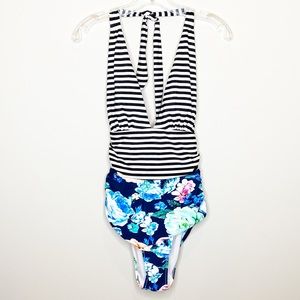 Cupshe 1 Piece Halter Bathing Suit Stripes Floral